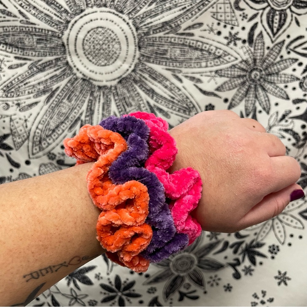 Handmade Crochet Soft Velvet Hair Scrunchie Bundle of 3 Scrunchies Sunset Colors